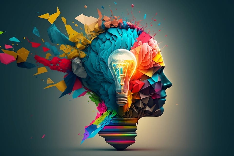 Illustration 3D colorée représentant une personne à l'esprit créatif, une ampoule, un collage d'imagination