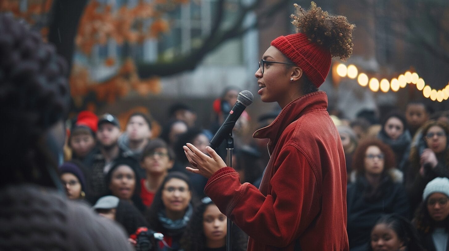 woman in red coat jacket at microphone speaking to a large crown surrounding her